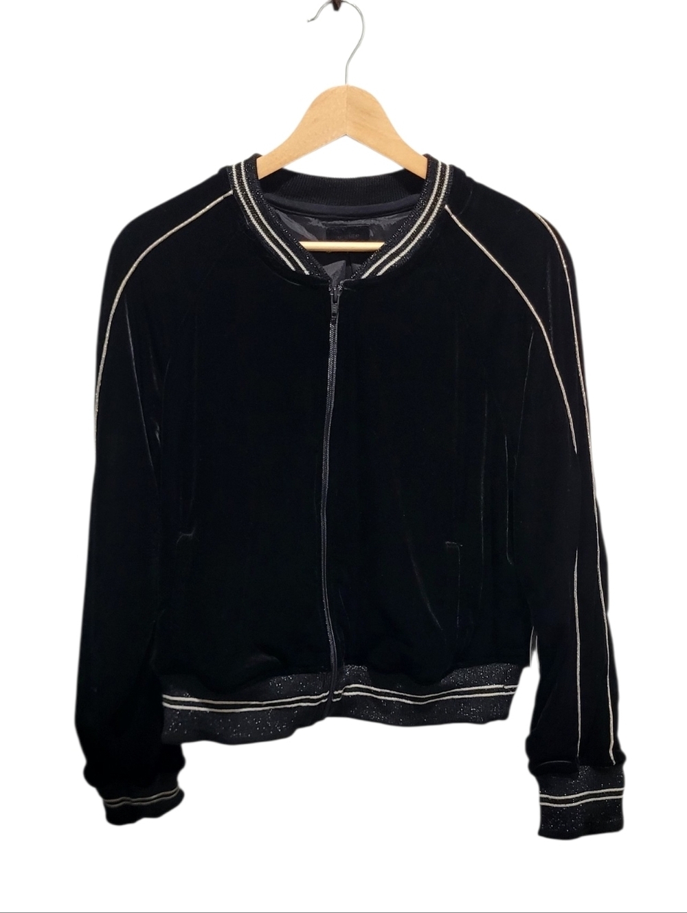 MOTHER The Runner Letterman Jacket Black Metallic Racer Stripe Bomber Large NWT - Picture 1 of 6